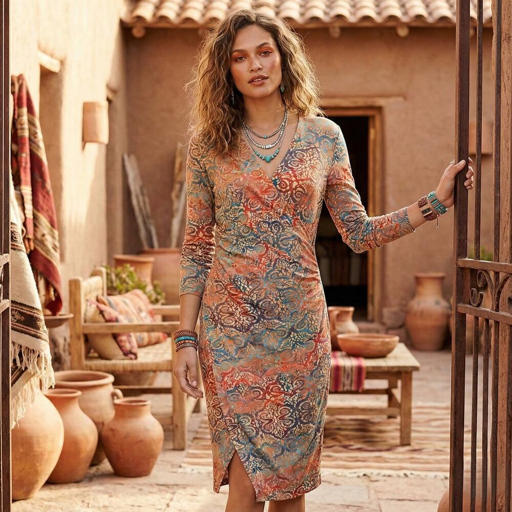 Peruvian Connection Women's Jersey faux Wrap Dress multi color size Medium